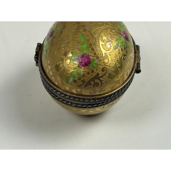 Limoges France Incrustation Trinket Box Hand Painted Roses Raised Gold Oval - Picture 10 of 15